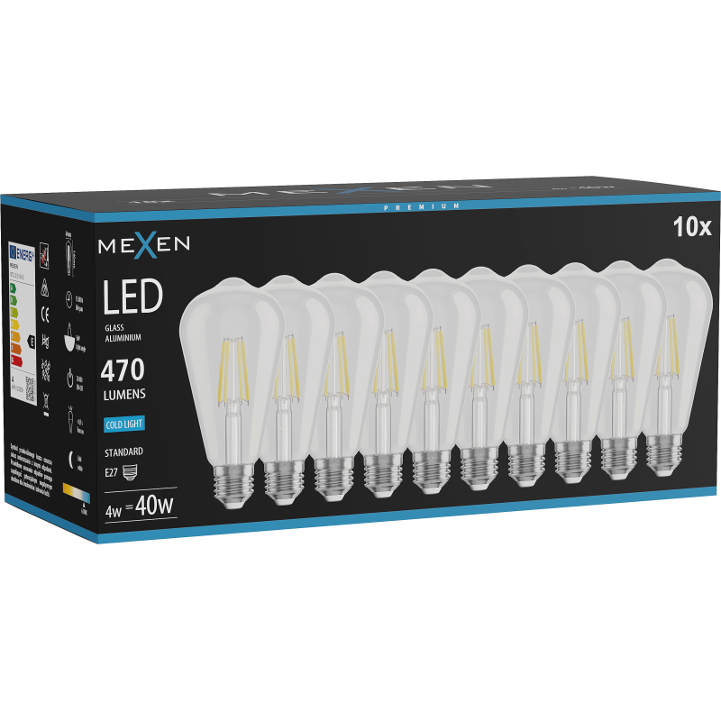 Mexen Vintis 10x żarówka filament LED E27, ST64, 4W, Zimna - 6500K, 470 lm, clear - L152-E27-0465-00x10