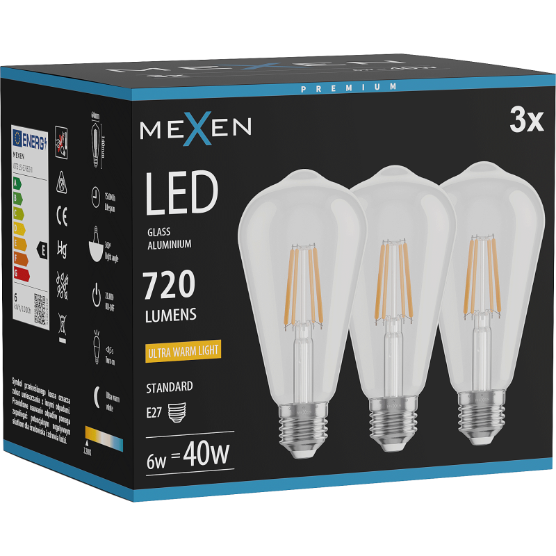 Mexen Vintis 3x żarówka filament LED E27, ST64, 6W, Ciepła - 2200K, 720 lm, clear - L152-E27-0622-00x03