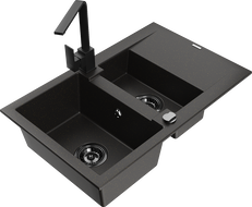 Mexen Gaspar zlewozmywak granitowy 1,5-komorowy z ociekaczem i baterią kuchenną Rita, czarny/złoty  - 6507-75-670300-70-B