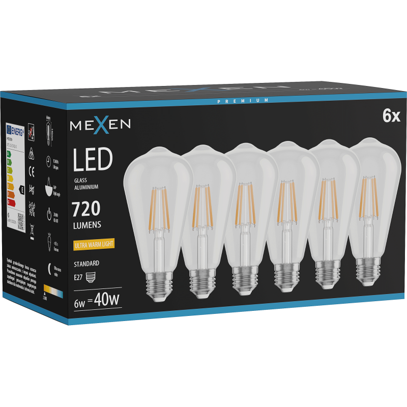 Mexen Vintis 6x żarówka filament LED E27, ST64, 6W, Ciepła - 2200K, 720 lm, clear - L152-E27-0622-00x06