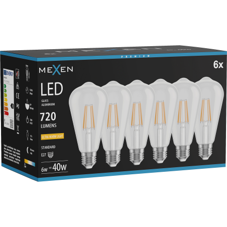Mexen Vintis 6x żarówka filament LED E27, ST64, 6W, Ciepła - 2200K, 720 lm, clear - L152-E27-0622-00x06