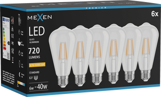 Mexen Vintis 6x żarówka filament LED E27, ST64, 6W, Ciepła - 2200K, 720 lm, clear - L152-E27-0622-00x06
