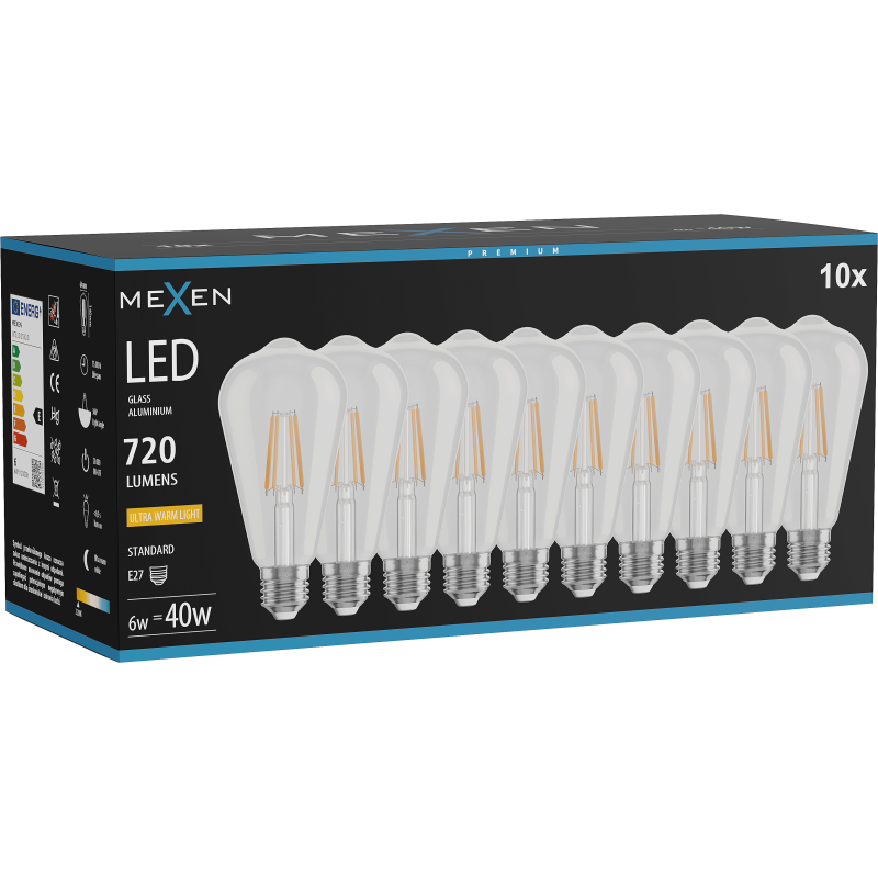 Mexen Vintis 10x żarówka filament LED E27, ST64, 6W, Ciepła - 2200K, 720 lm, clear - L152-E27-0622-00x10