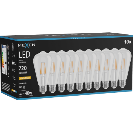 Mexen Vintis 10x żarówka filament LED E27, ST64, 6W, Ciepła - 2200K, 720 lm, clear - L152-E27-0622-00x10