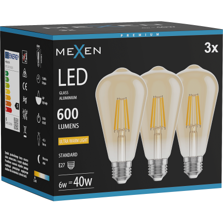 Mexen Vintis 3x żarówka filament LED E27, ST64, 6W, Ciepła - 2200K, 600 lm, amber - L152-E27-0622-50x03