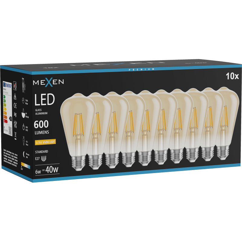 Mexen Vintis 10x żarówka filament LED E27, ST64, 6W, Ciepła - 2200K, 600 lm, amber - L152-E27-0622-50x10