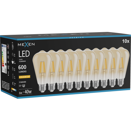Mexen Vintis 10x żarówka filament LED E27, ST64, 6W, Ciepła - 2200K, 600 lm, amber - L152-E27-0622-50x10