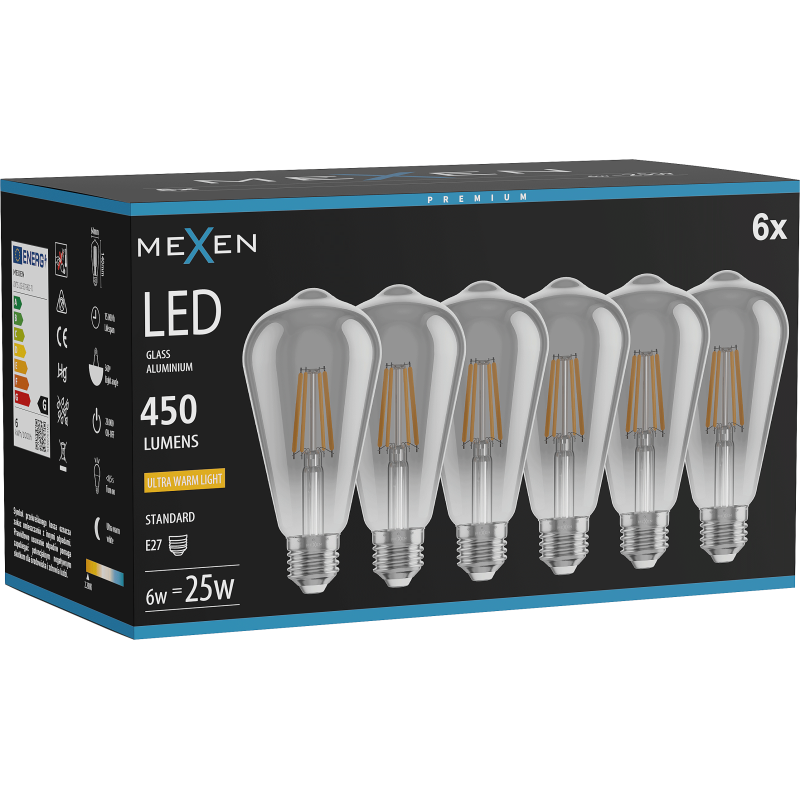 Mexen Vintis 6x żarówka filament LED E27, ST64, 6W, Ciepła - 2200K, 450 lm, smoke - L152-E27-0622-70x06