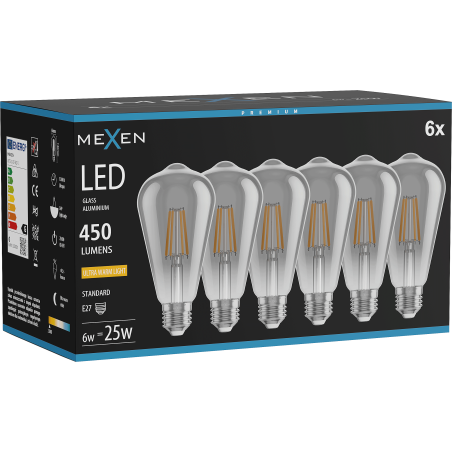 Mexen Vintis 6x żarówka filament LED E27, ST64, 6W, Ciepła - 2200K, 450 lm, smoke - L152-E27-0622-70x06