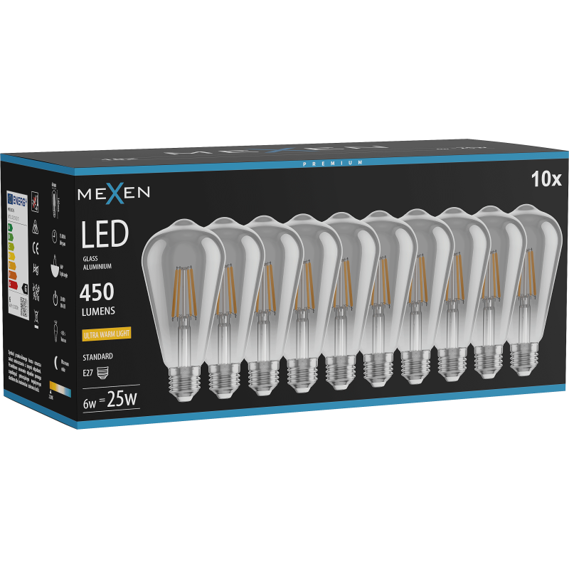Mexen Vintis 10x żarówka filament LED E27, ST64, 6W, Ciepła - 2200K, 450 lm, smoke - L152-E27-0622-70x10