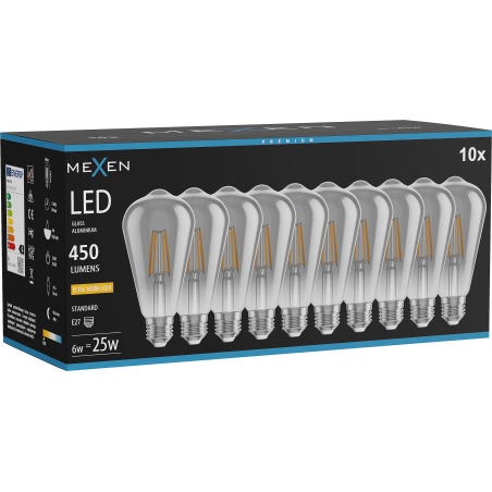 Mexen Vintis 10x żarówka filament LED E27, ST64, 6W, Ciepła - 2200K, 450 lm, smoke - L152-E27-0622-70x10