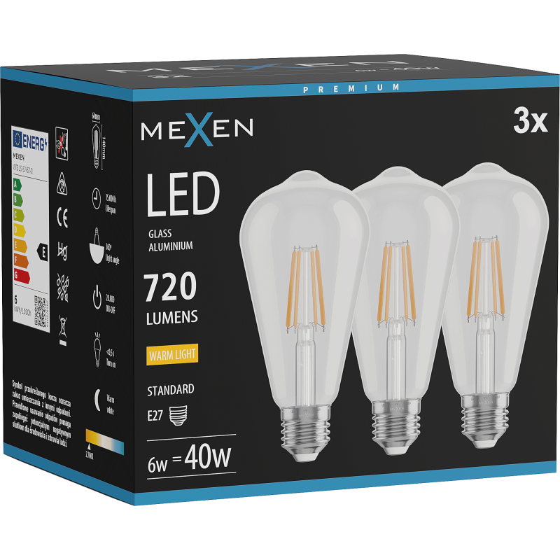 Mexen Vintis 3x żarówka filament LED E27, ST64, 6W, Ciepła - 2700K, 720 lm, clear - L152-E27-0627-00x03
