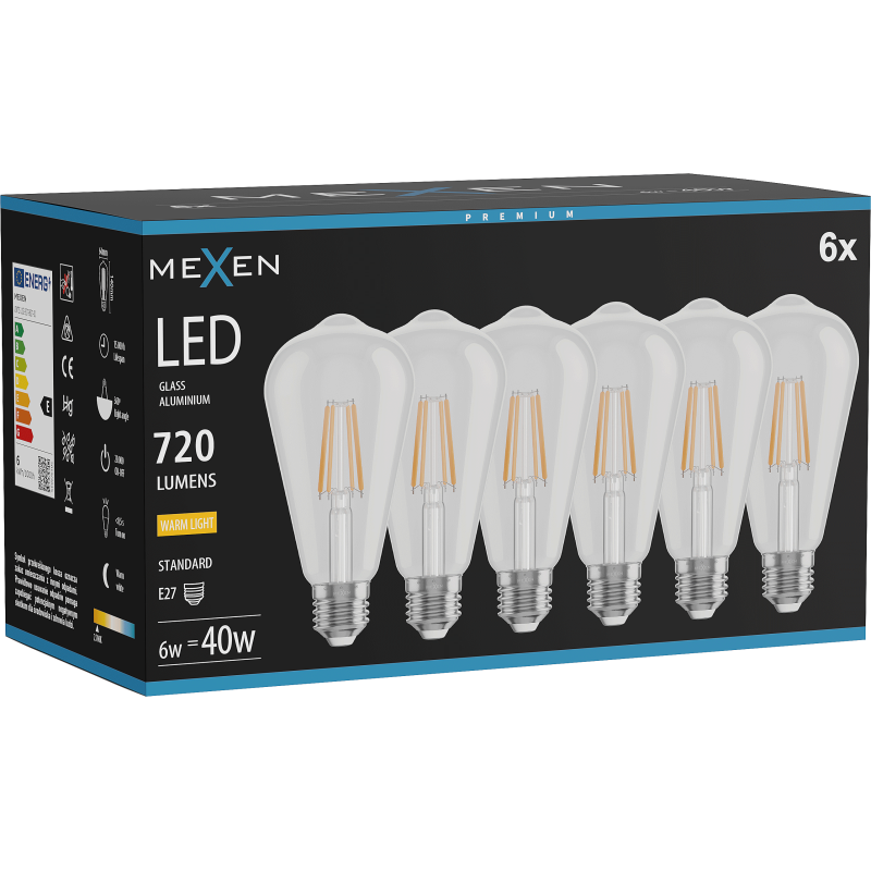 Mexen Vintis 6x żarówka filament LED E27, ST64, 6W, Ciepła - 2700K, 720 lm, clear - L152-E27-0627-00x06