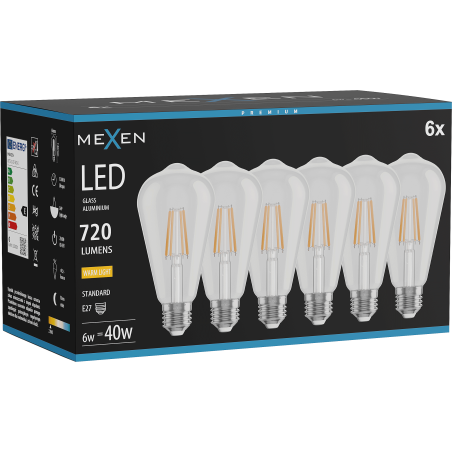 Mexen Vintis 6x żarówka filament LED E27, ST64, 6W, Ciepła - 2700K, 720 lm, clear - L152-E27-0627-00x06