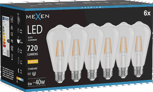 Mexen Vintis 6x żarówka filament LED E27, ST64, 6W, Ciepła - 2700K, 720 lm, clear - L152-E27-0627-00x06
