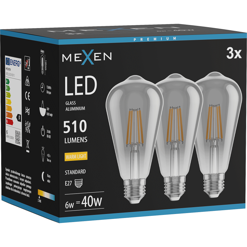 Mexen Vintis 3x żarówka filament LED E27, ST64, 6W, Ciepła - 2700K, 510 lm, smoke - L152-E27-0627-70x03