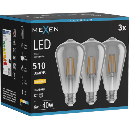 Mexen Vintis 3x żarówka filament LED E27, ST64, 6W, Ciepła - 2700K, 510 lm, smoke - L152-E27-0627-70x03