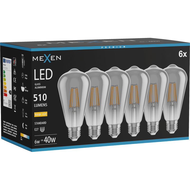 Mexen Vintis 6x żarówka filament LED E27, ST64, 6W, Ciepła - 2700K, 510 lm, smoke - L152-E27-0627-70x06