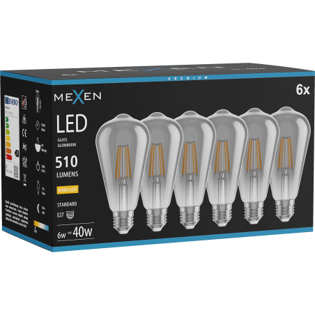 Mexen Vintis 6x żarówka filament LED E27, ST64, 6W, Ciepła - 2700K, 510 lm, smoke - L152-E27-0627-70x06
