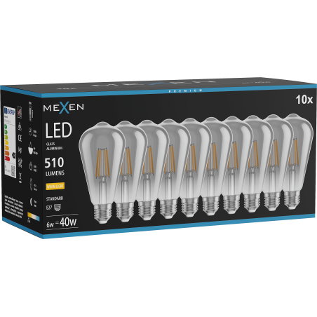 Mexen Vintis 10x żarówka filament LED E27, ST64, 6W, Ciepła - 2700K, 510 lm, smoke - L152-E27-0627-70x10