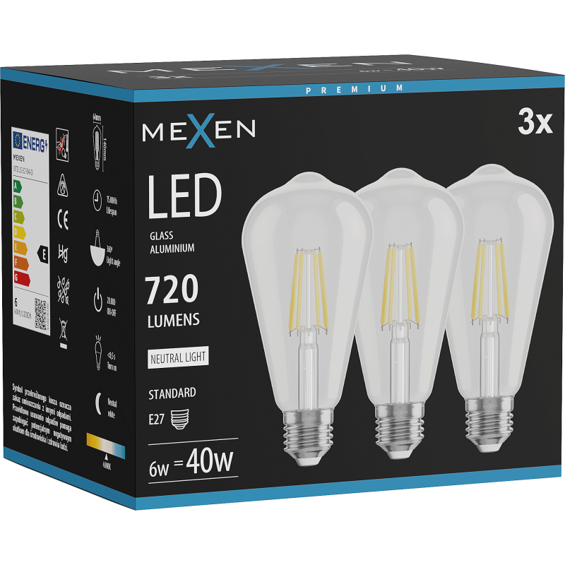 Mexen Vintis 3x żarówka filament LED E27, ST64, 6W, Neutralna - 4000K, 720 lm, clear - L152-E27-0640-00x03