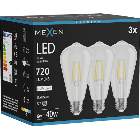 Mexen Vintis 3x żarówka filament LED E27, ST64, 6W, Neutralna - 4000K, 720 lm, clear - L152-E27-0640-00x03