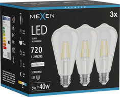 Mexen Vintis 3x żarówka filament LED E27, ST64, 6W, Neutralna - 4000K, 720 lm, clear - L152-E27-0640-00x03