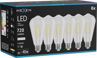 Mexen Vintis 6x żarówka filament LED E27, ST64, 6W, Neutralna - 4000K, 720 lm, clear - L152-E27-0640-00x06