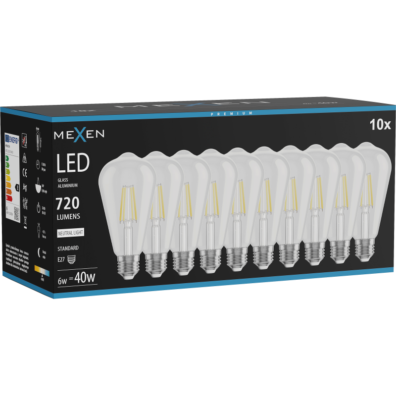 Mexen Vintis 10x żarówka filament LED E27, ST64, 6W, Neutralna - 4000K, 720 lm, clear - L152-E27-0640-00x10