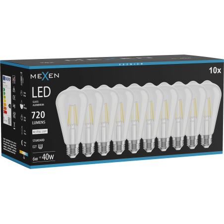 Mexen Vintis 10x żarówka filament LED E27, ST64, 6W, Neutralna - 4000K, 720 lm, clear - L152-E27-0640-00x10