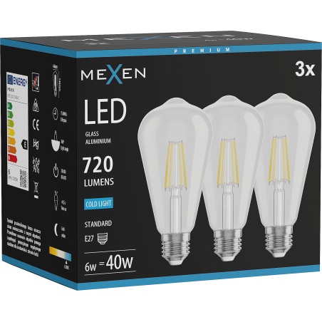 Mexen Vintis 3x żarówka filament LED E27, ST64, 6W, Zimna - 6500K, 720 lm, clear - L152-E27-0665-00x03
