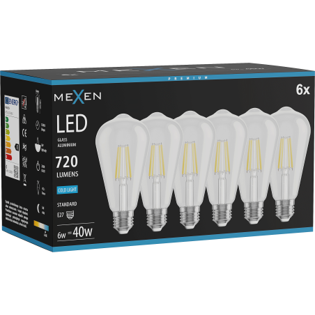 Mexen Vintis 6x żarówka filament LED E27, ST64, 6W, Zimna - 6500K, 720 lm, clear - L152-E27-0665-00x06