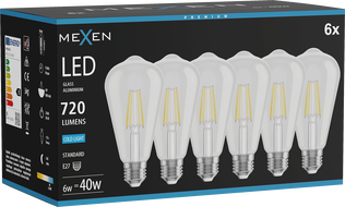 Mexen Vintis 6x żarówka filament LED E27, ST64, 6W, Zimna - 6500K, 720 lm, clear - L152-E27-0665-00x06