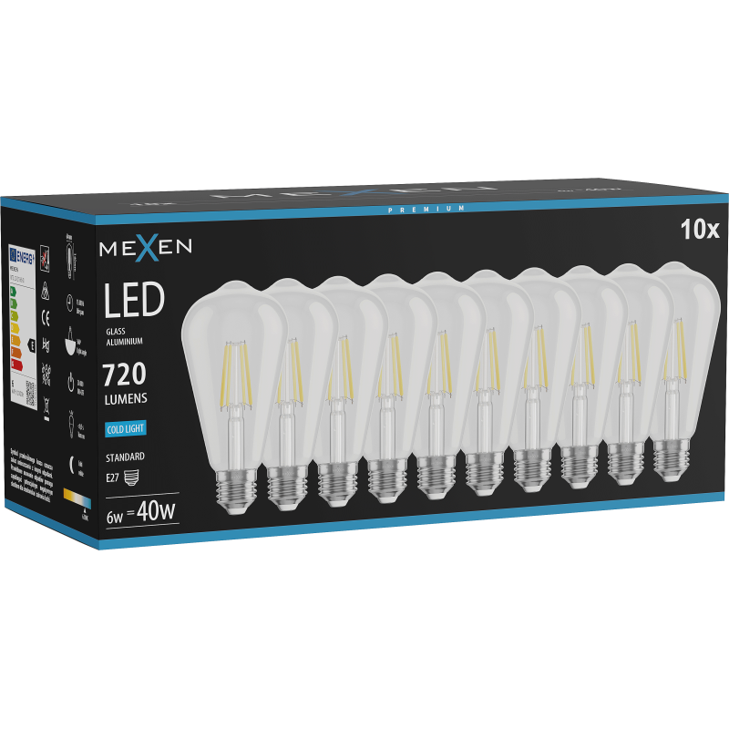 Mexen Vintis 10x żarówka filament LED E27, ST64, 6W, Zimna - 6500K, 720 lm, clear - L152-E27-0665-00x10