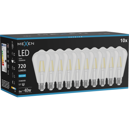 Mexen Vintis 10x żarówka filament LED E27, ST64, 6W, Zimna - 6500K, 720 lm, clear - L152-E27-0665-00x10