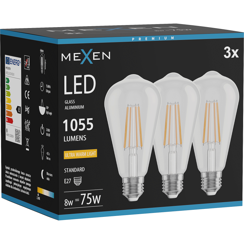 Mexen Vintis 3x żarówka filament LED E27, ST64, 8W, Ciepła - 2200K, 1055 lm, clear - L152-E27-0822-00x03