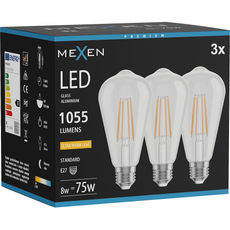 Mexen Vintis 3x żarówka filament LED E27, ST64, 8W, Ciepła - 2200K, 1055 lm, clear - L152-E27-0822-00x03