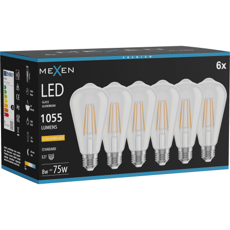 Mexen Vintis 6x żarówka filament LED E27, ST64, 8W, Ciepła - 2200K, 1055 lm, clear - L152-E27-0822-00x06