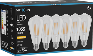 Mexen Vintis 6x żarówka filament LED E27, ST64, 8W, Ciepła - 2200K, 1055 lm, clear - L152-E27-0822-00x06