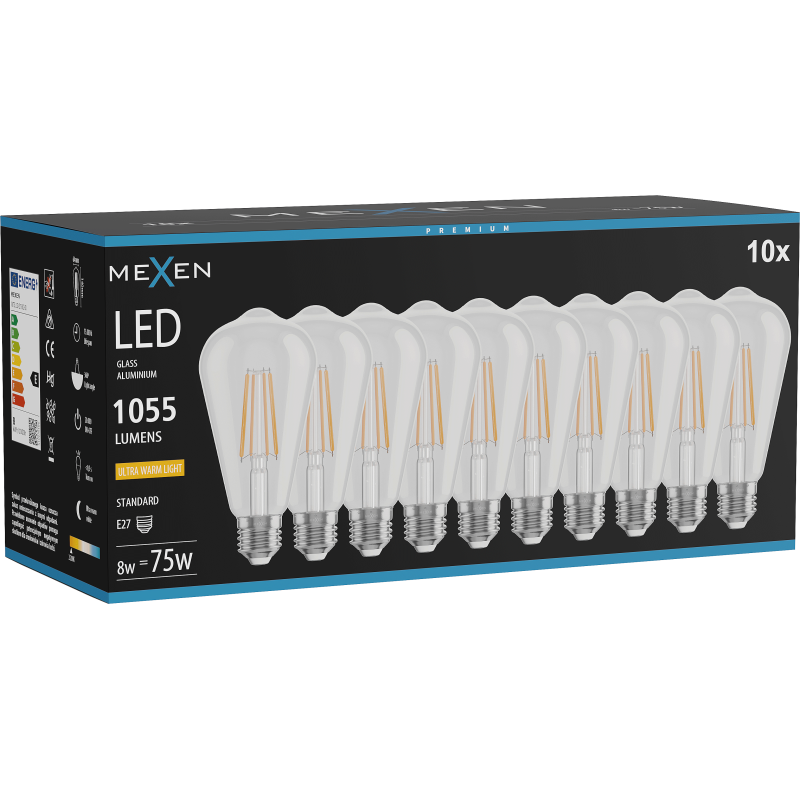 Mexen Vintis 10x żarówka filament LED E27, ST64, 8W, Ciepła - 2200K, 1055 lm, clear - L152-E27-0822-00x10