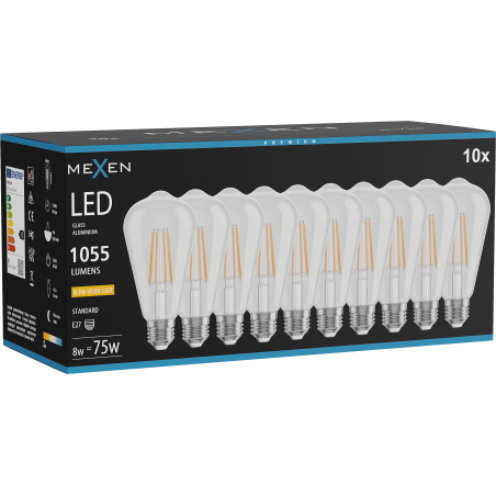 Mexen Vintis 10x żarówka filament LED E27, ST64, 8W, Ciepła - 2200K, 1055 lm, clear - L152-E27-0822-00x10