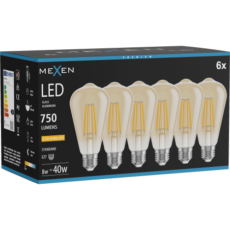 Mexen Vintis 6x żarówka filament LED E27, ST64, 8W, Ciepła - 2200K, 750 lm, amber - L152-E27-0822-50x06
