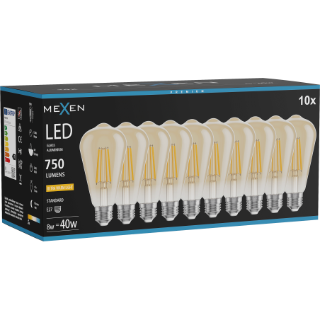 Mexen Vintis 10x żarówka filament LED E27, ST64, 8W, Ciepła - 2200K, 750 lm, amber - L152-E27-0822-50x10