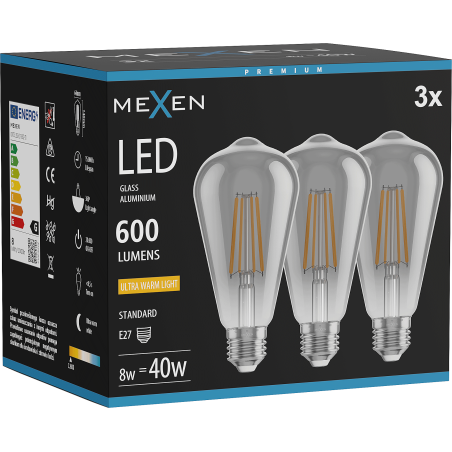 Mexen Vintis 3x żarówka filament LED E27, ST64, 8W, Ciepła - 2200K, 600 lm, smoke - L152-E27-0822-70x03