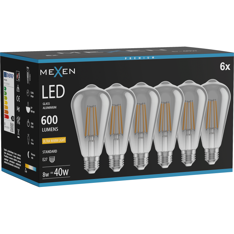 Mexen Vintis 6x żarówka filament LED E27, ST64, 8W, Ciepła - 2200K, 600 lm, smoke - L152-E27-0822-70x06
