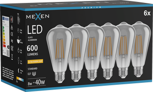 Mexen Vintis 6x żarówka filament LED E27, ST64, 8W, Ciepła - 2200K, 600 lm, smoke - L152-E27-0822-70x06