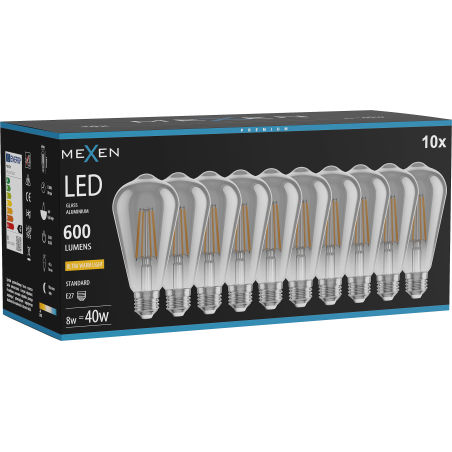 Mexen Vintis 10x żarówka filament LED E27, ST64, 8W, Ciepła - 2200K, 600 lm, smoke - L152-E27-0822-70x10