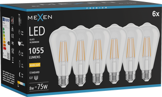 Mexen Vintis 6x żarówka filament LED E27, ST64, 8W, Ciepła - 2700K, 1055 lm, clear - L152-E27-0827-00x06