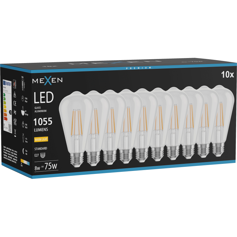 Mexen Vintis 10x żarówka filament LED E27, ST64, 8W, Ciepła - 2700K, 1055 lm, clear - L152-E27-0827-00x10
