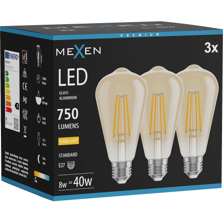 Mexen Vintis 3x żarówka filament LED E27, ST64, 8W, Ciepła - 2700K, 750 lm, amber - L152-E27-0827-50x03